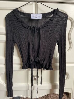 Lewkin Black Ribbed Tie-Front Long Sleeve Cardigan